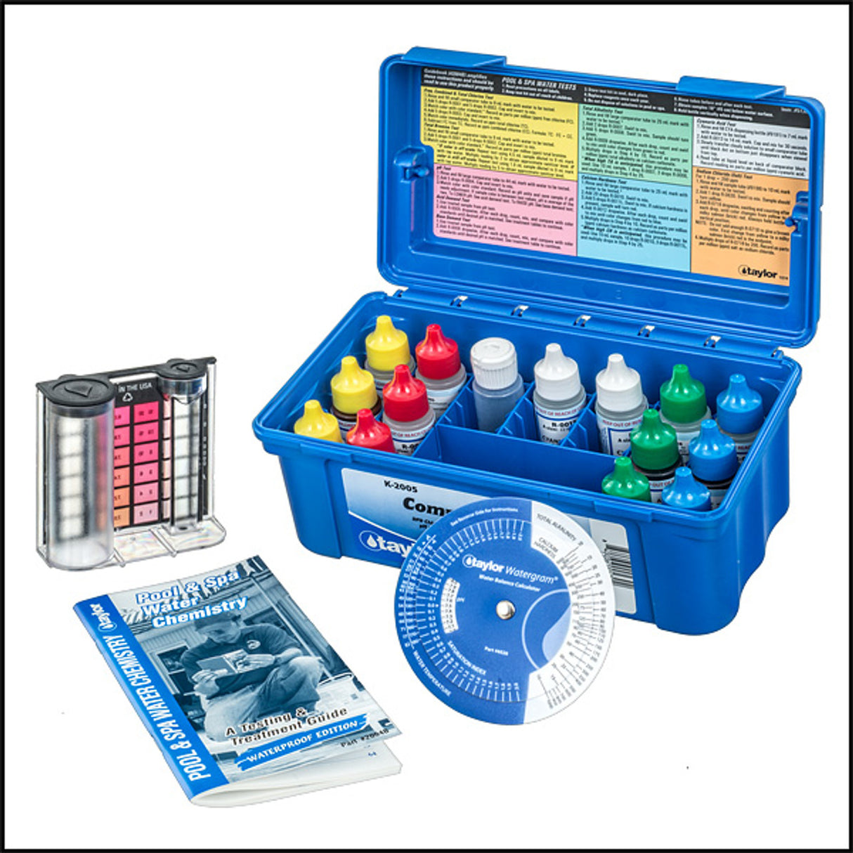 Taylor Complete™ Kit for Chlorine/Bromine/pH/Alkalinity/Hardness/CYA DPD–High Range Product #:TAY-45-1147 Mfg. Part #:K-2005-6