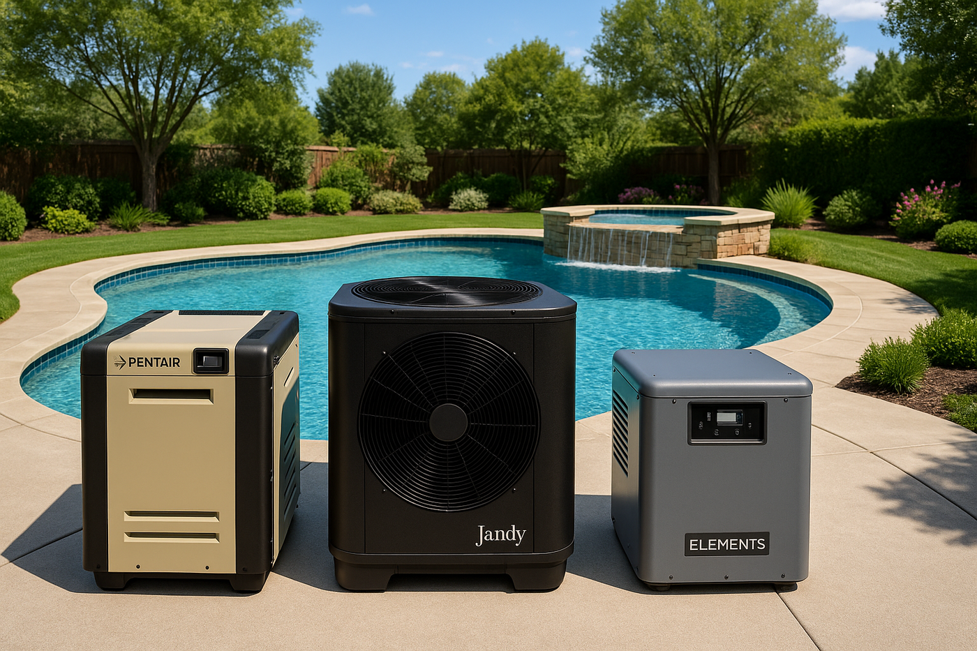 I WANT GAS ALMOND PENTAIR HEATER, BLACK JANDY HEAT PUMP AND GRAY ELEMENTS ELECTRIC SPA HEATER WITH A POOL WITH SPA BACKGROUND