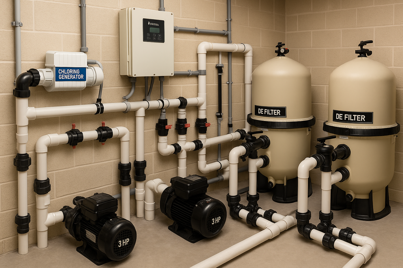 POOL FILTRATION EQUIPMENT INSTALLED IN A HOUSE WITH CHLORINE GENERATOR SYSTEM, PENTAIR AUTOMATION SYSTEM 3HO PUMPS AND "de"FILTERS